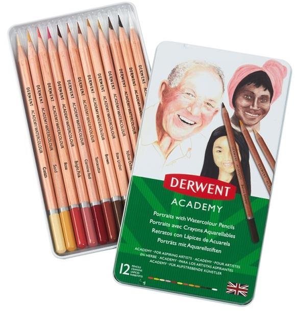 DERWENT Academy Watercolour Pencils Skintones, fémdobozban, hatszögletű, 12 szín