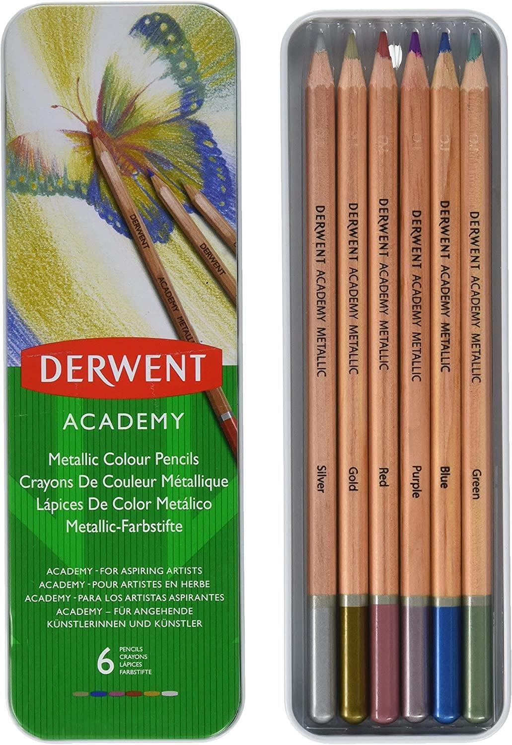 DERWENT Academy Metallic Colour Pencils fémdobozban, hatszögletű, 6 szín