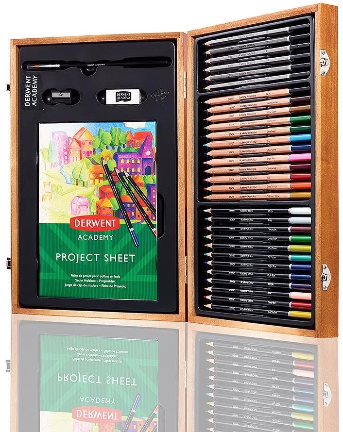 DERWENT Academy Wooden Gift Box, fa ajándék koffer, művészi ceruza készlet, 30 db