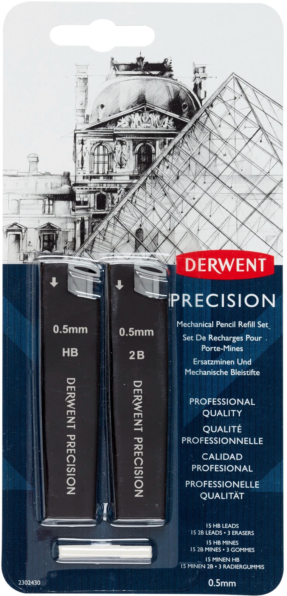 DERWENT Precision Mechanical Pencil Refill Set 0,5 mm HB és 2B, 30 ceruzabél a csomagban + 3 radírgu