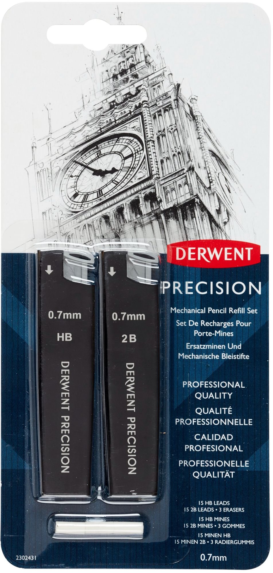 DERWENT Precision Mechanical Pencil Refill Set 0,7 mm HB és 2B, 30 ceruzabél a csomagban + 3 radírgu