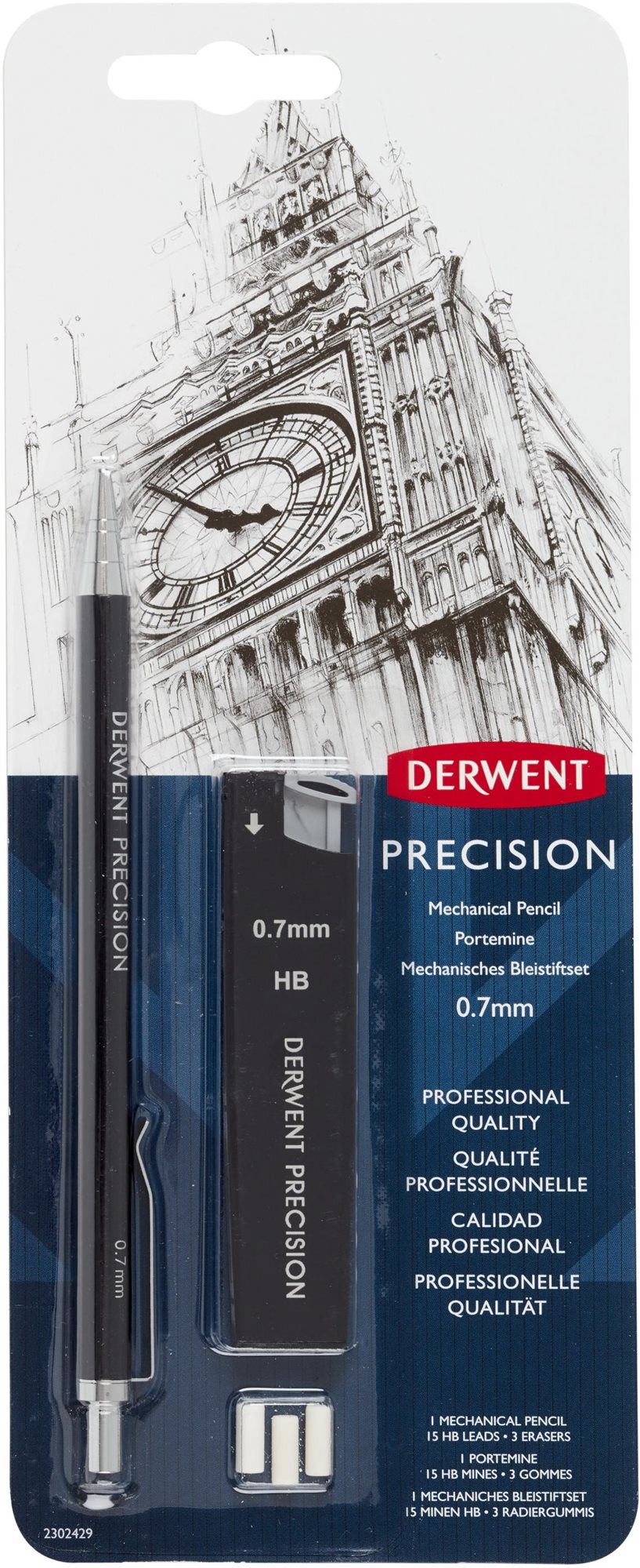 DERWENT Precision Mechanical Pencil Set készlet 0,7 mm HB, 15 betét a csomagban + 3 radír