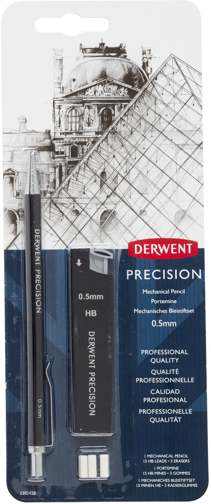 DERWENT Precision Mechanical Pencil Set 0.5 mm HB, 15 hegy + 3 radír a csomagban