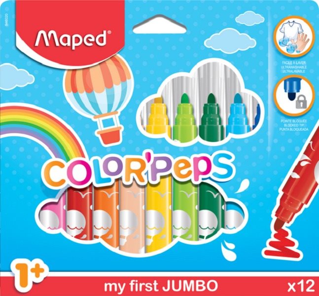 MAPED Color Peps Maxi, 12 szín, könnyedén kimosható tinta, erős hegy