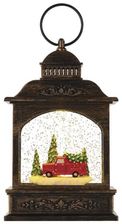 Lucerna EMOS LED dekorace – vánoční lucerna s autíčkem, 21 cm, 3x AA, vnitřní, teplá bílá, časovač
