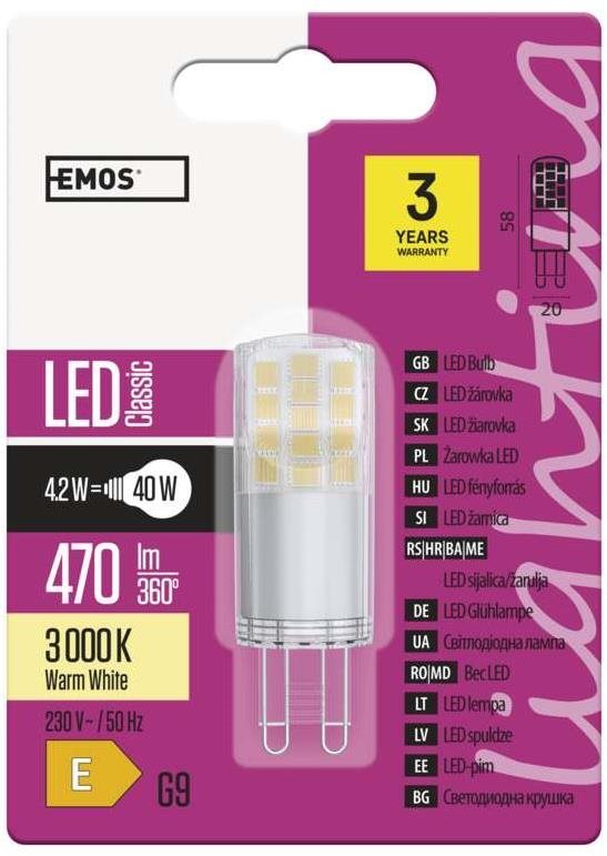 EMOS LED izzó Classic JC 4,2 W G9 meleg fehér