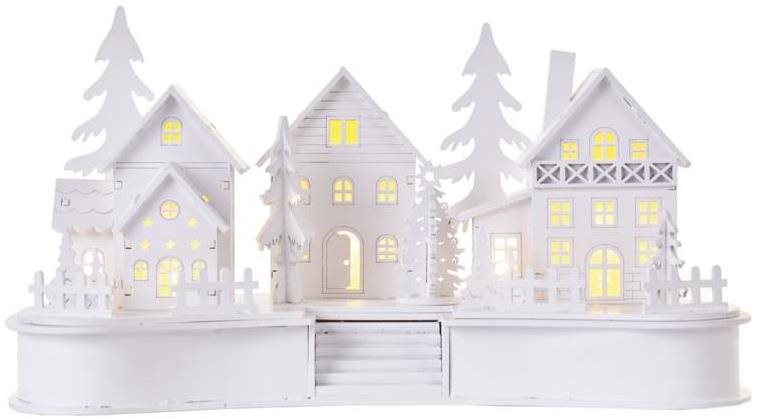 EMOS LED dekoráció fából készült fehér falu, 16 cm, 2x AA, beltéri, meleg fehér, időzíthető, időzítő