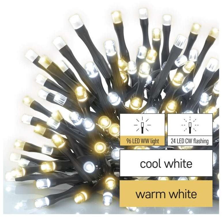 EMOS LED karácsonyi fényfüzér, villogó, 12 m, kültéri és beltéri, meleg/hideg fehér, időzítő