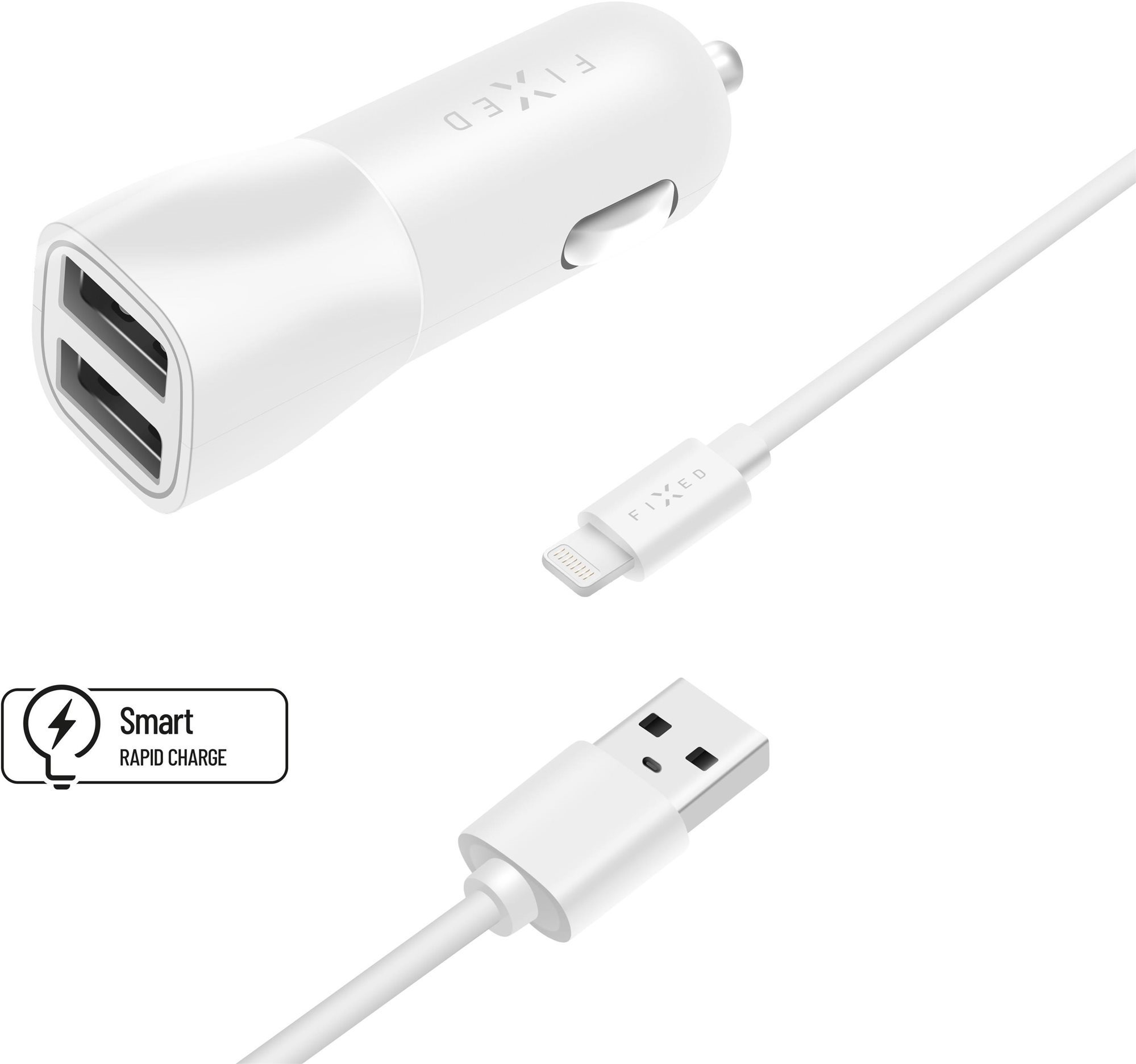 FIXED Smart Rapid Charge 15 W 2x USB kimenettel és USB/Lightning kábellel MFI tanúsítvány, fehér