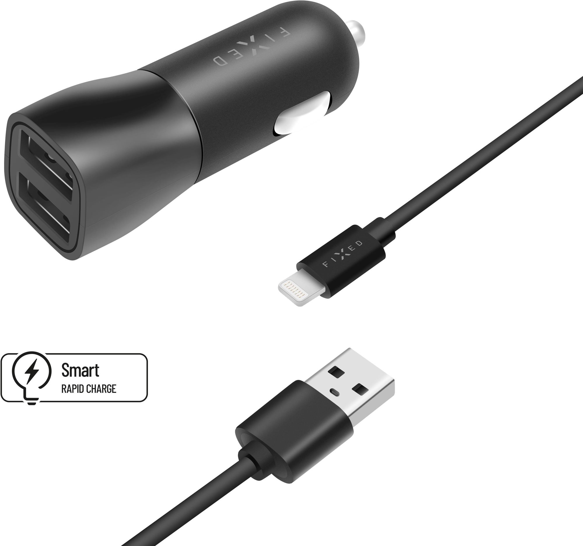 FIXED 2xUSB kimenettel és USB/Lightning kábellel. 1 méter, MFI tanúsítvánnyal, 15W Smart Rapid Charge fekete