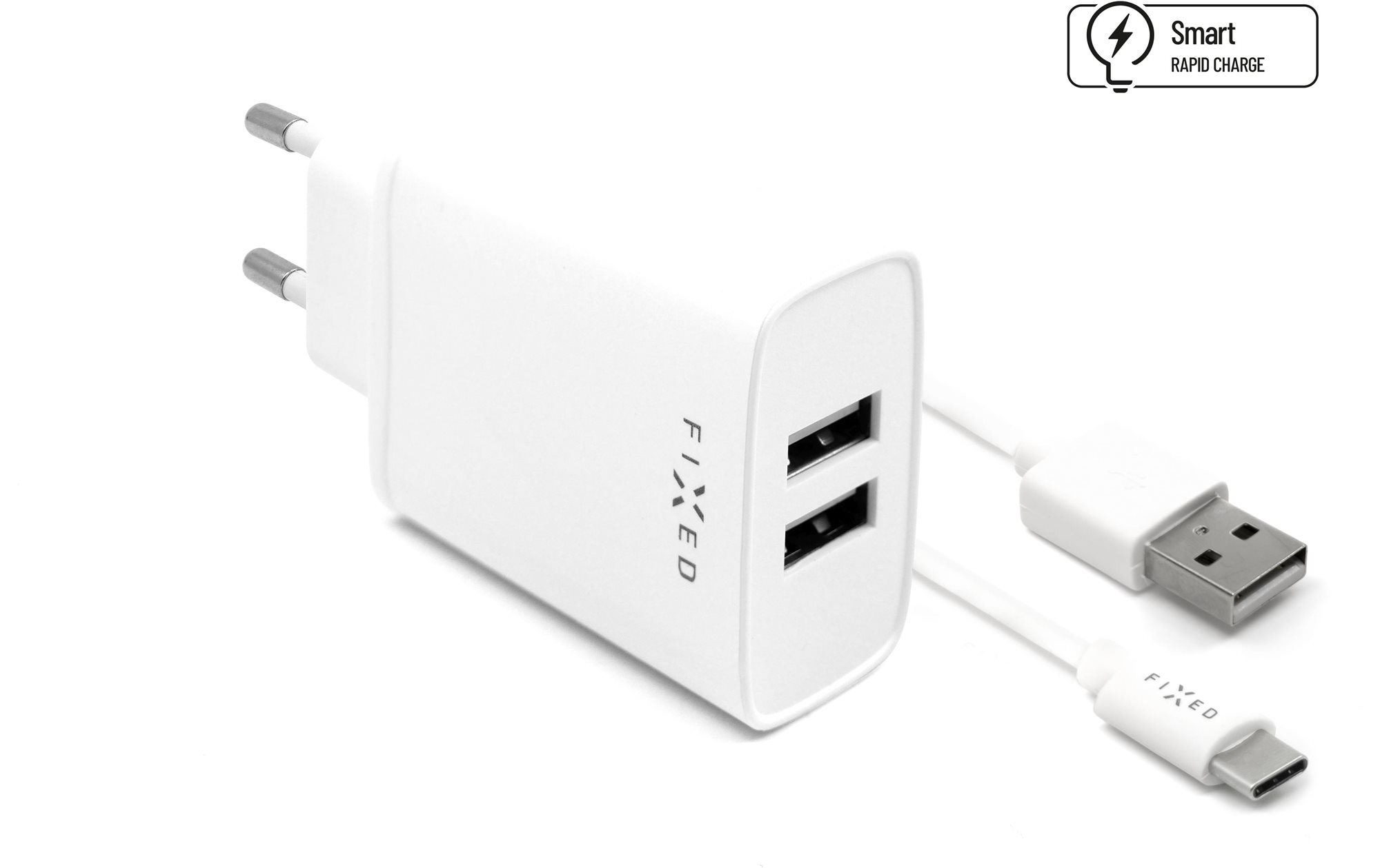 Fix hálózati töltő, USB-C csatlakozó + 2x USB-A, USB-C kábel -> USB-C hossz 1 m, 15 W, fehér