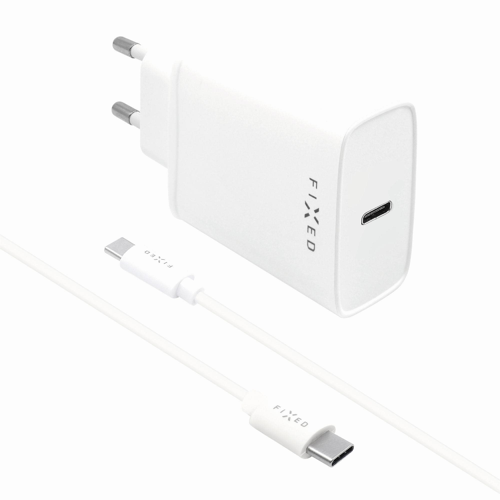 Töltő adapter FIXED Travel USB-C + 1m USB-C to USB-C kábel - PD, 20W, fehér