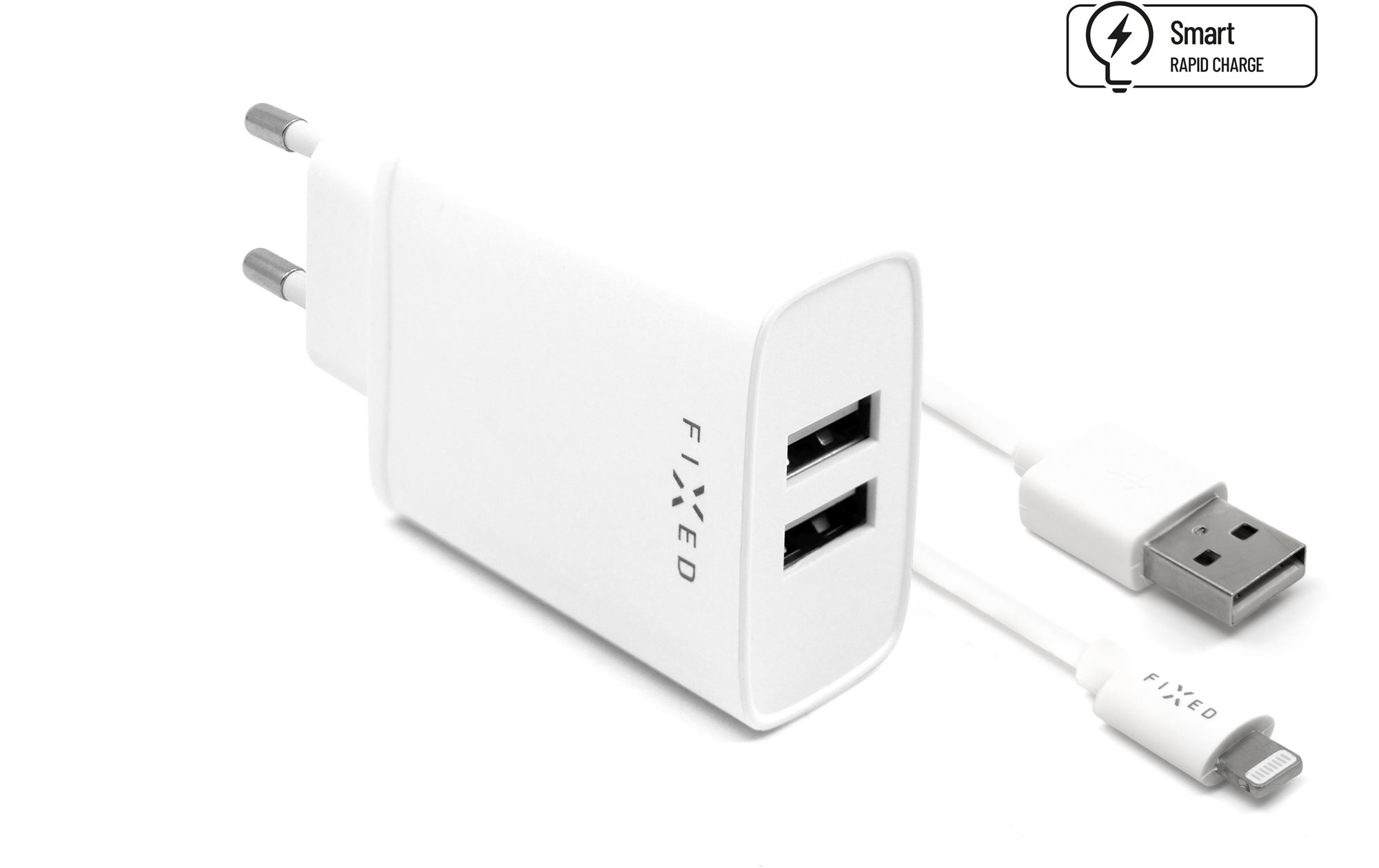 Fix hálózati töltő, csatlakozó 2x USB-A, USB kábel -> Lightning (MFI) hossza 1 m, 15 W, fehér