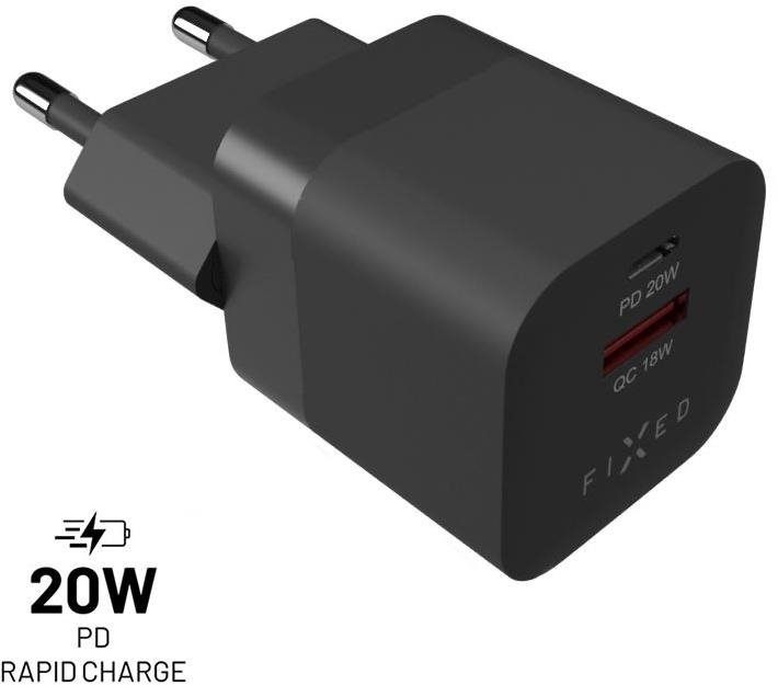 FIXED PD Rapid Charge Mini USB-C + USB - PD, QC 3.0, 20W, fekete