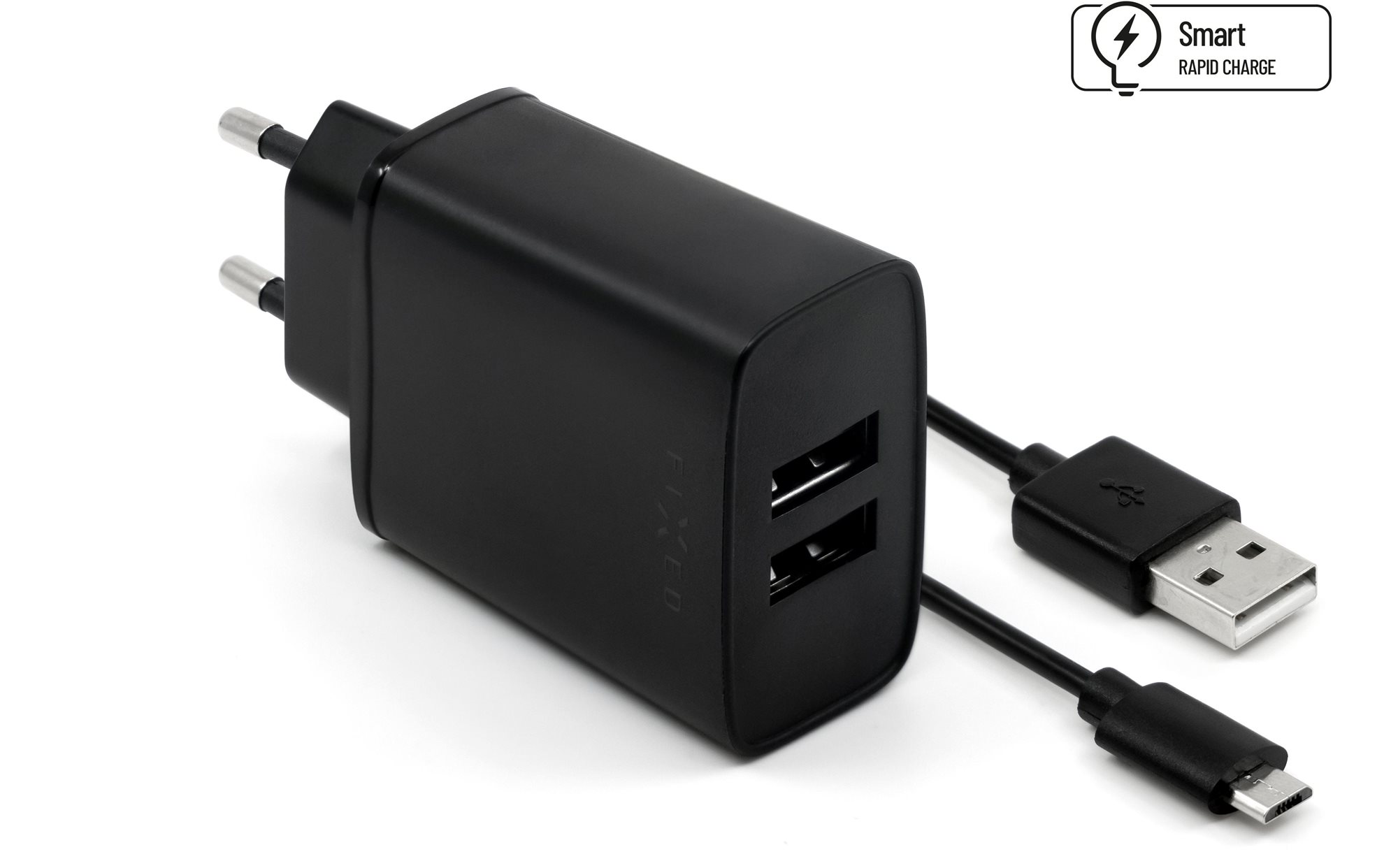 Fix hálózati töltő, csatlakozó 2x USB-A, USB kábel -> micro USB hossza 1 m, 15 W, fekete
