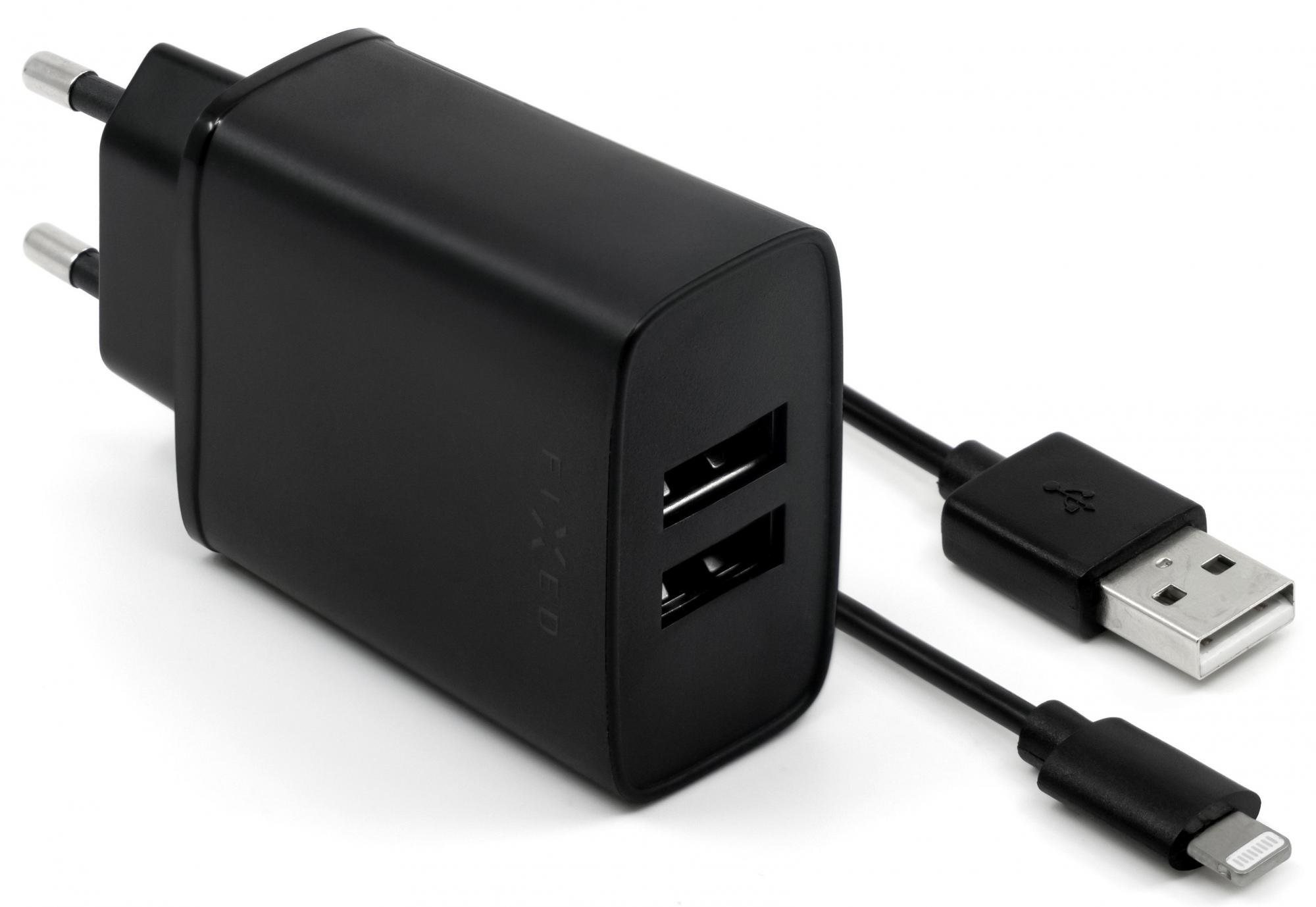 Fix hálózati töltő, csatlakozó 2x USB-A, USB kábel -> Lightning (MFI) hossza 1 m, 15 W, fekete