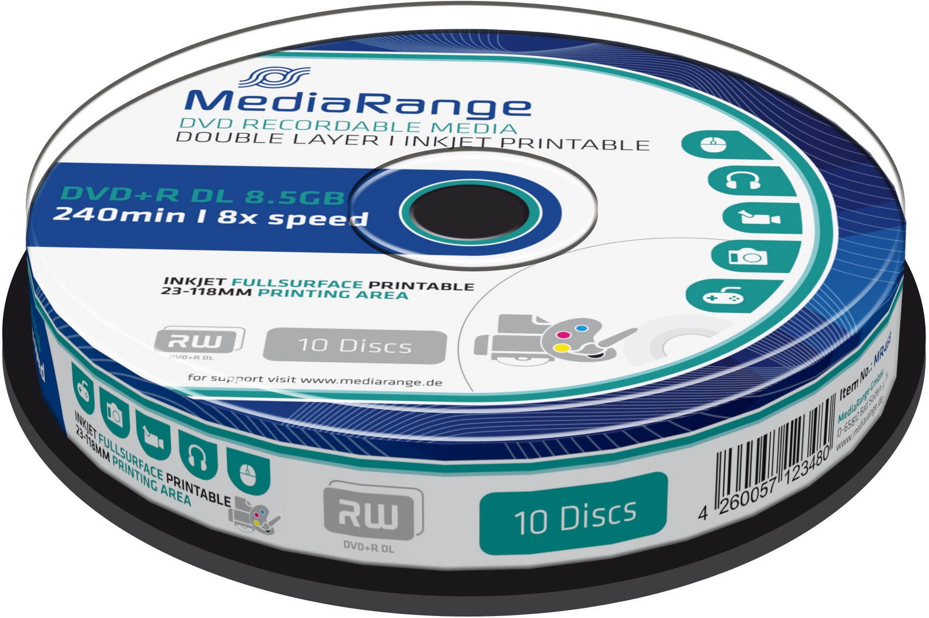 Média MediaRange DVD+R Dual Layer Printable 10db cakebox