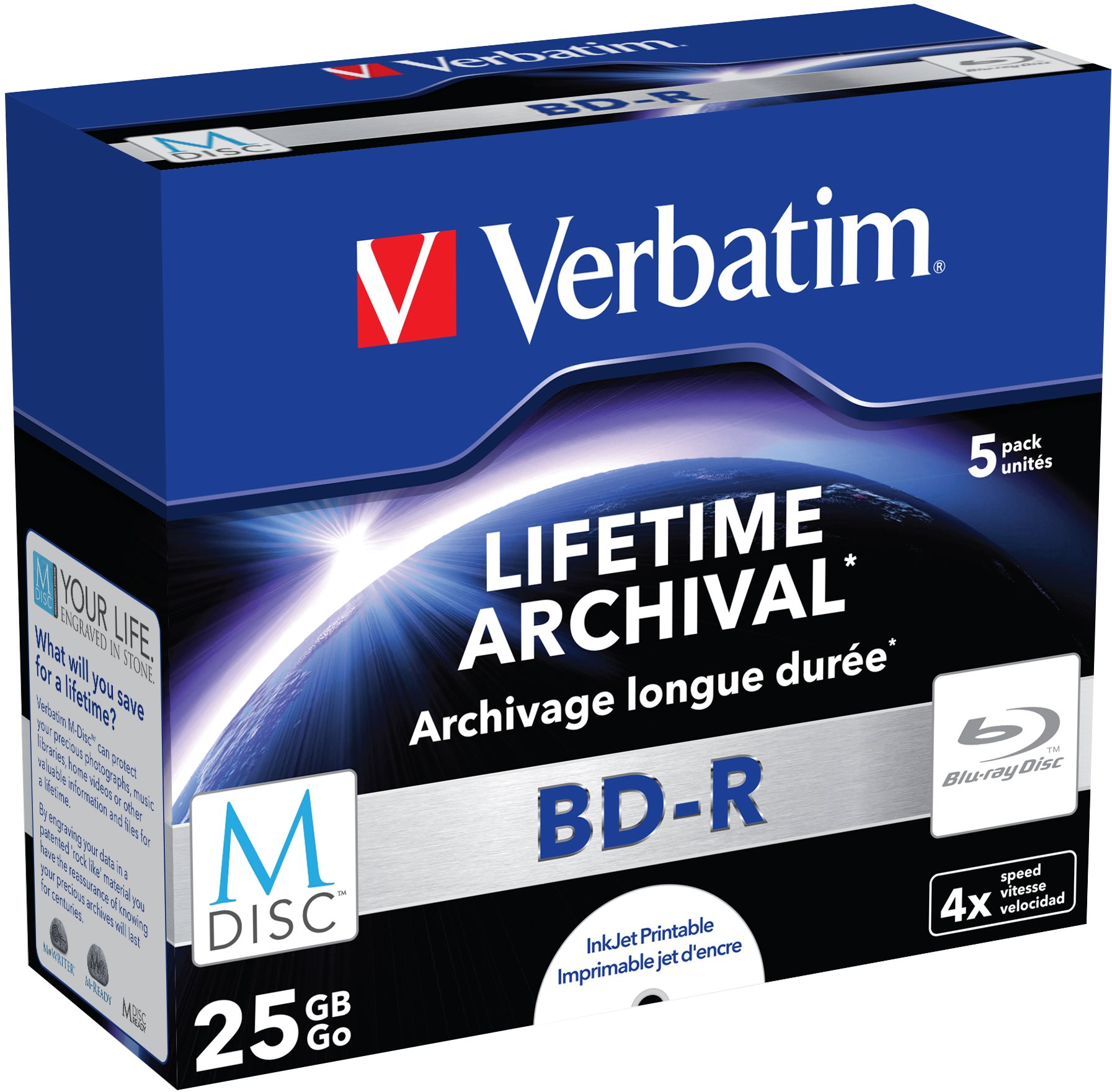 VERBATIM M-DISC BD-R SL 25GB 4x INKJET PRINTABLE spindle 5 db/BAL