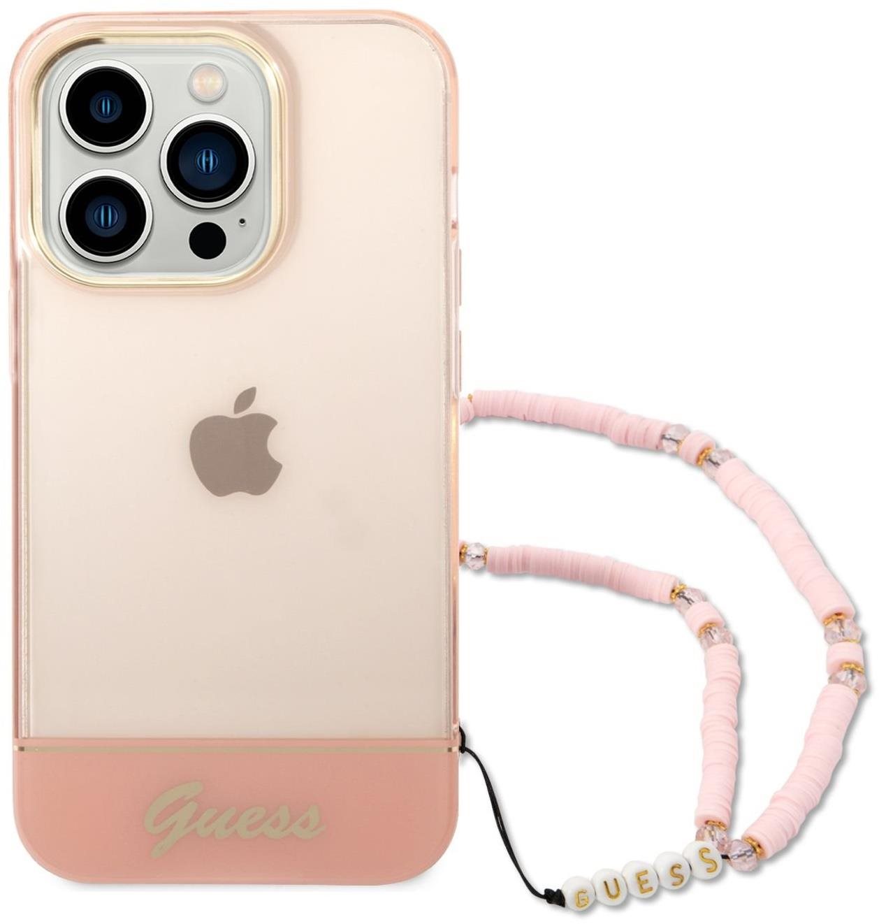 Guess PC/TPU Camera Outline Translucent Hátlap tok pánttal az iPhone 14 Pro Max készülékhez - rózsaszín