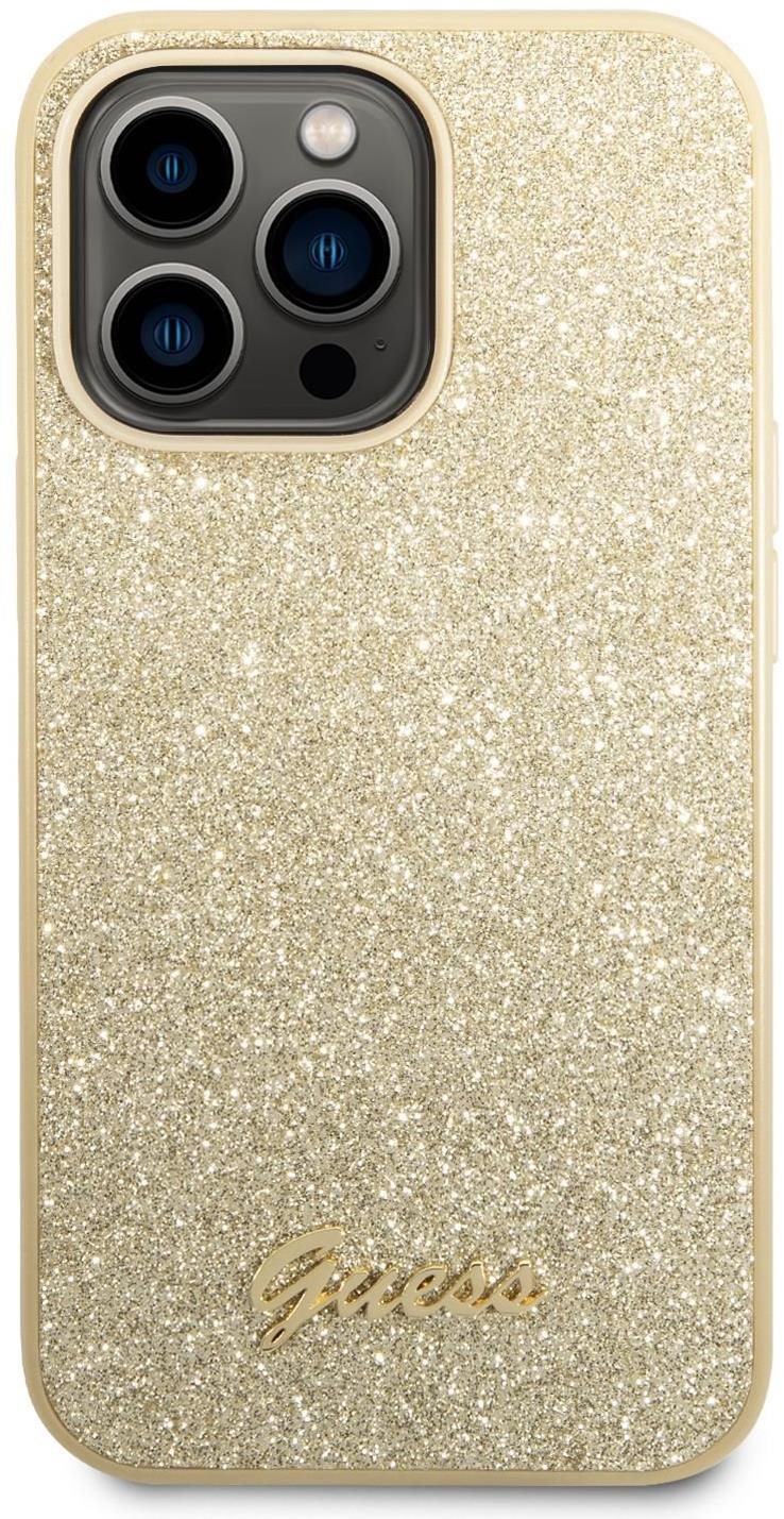 Guess PC/TPU Glitter Flakes Metal Logo Hátlap tok az iPhone 14 Pro készülékhez - arany