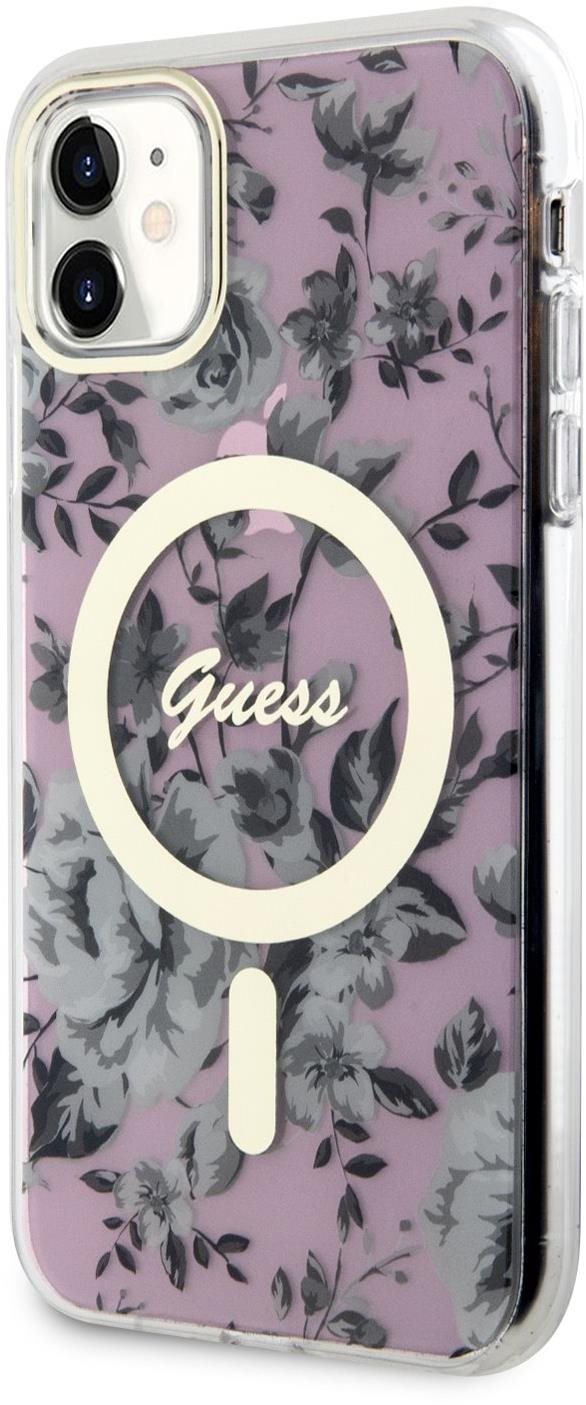 Guess PC/TPU Flowers IML MagSafe kompatibilis iPhone 11 hátlap tok, rózsaszín