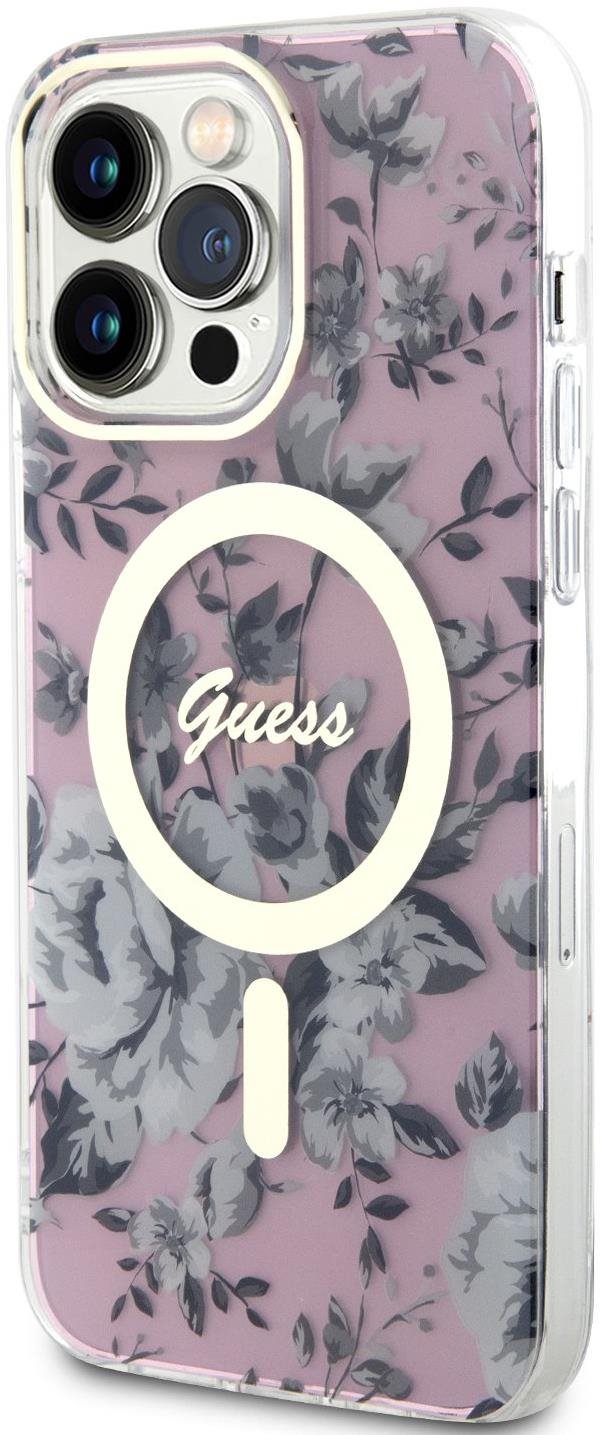 Guess PC/TPU Flowers IML MagSafe kompatibilis iPhone 13 Pro Max hátlap tok, rózsaszín