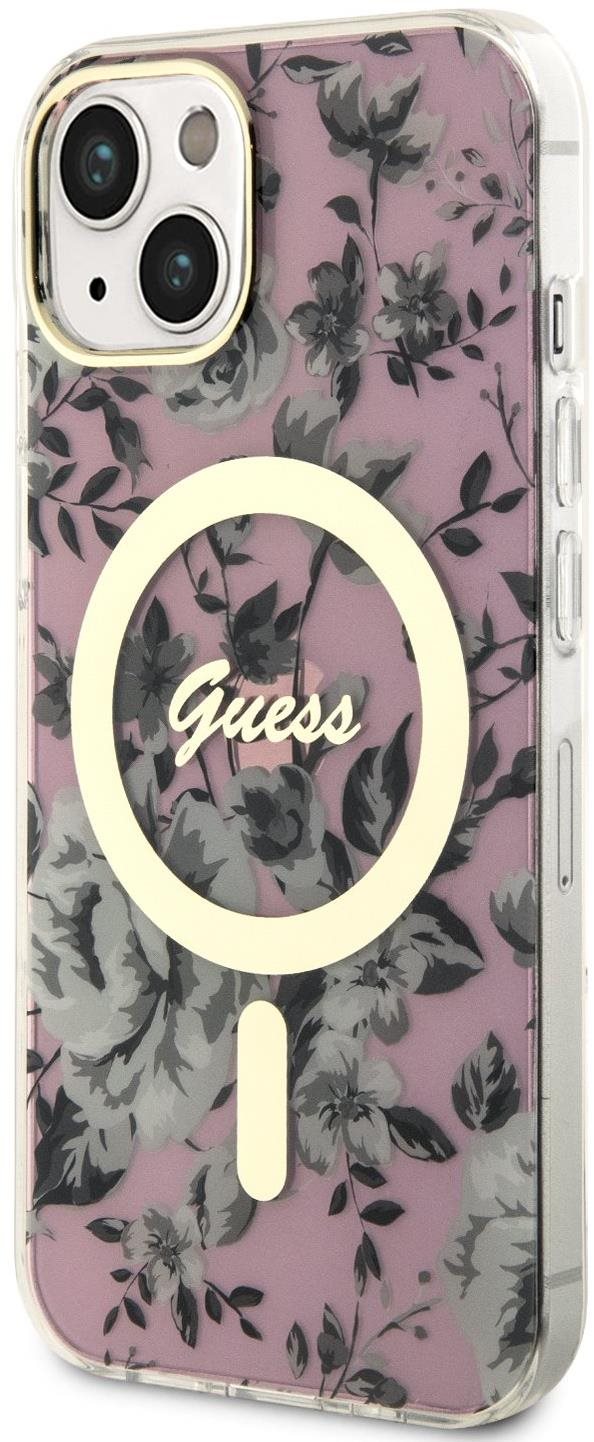 Guess PC/TPU Flowers IML MagSafe kompatibilis iPhone 14 hátlap tok, rózsaszín