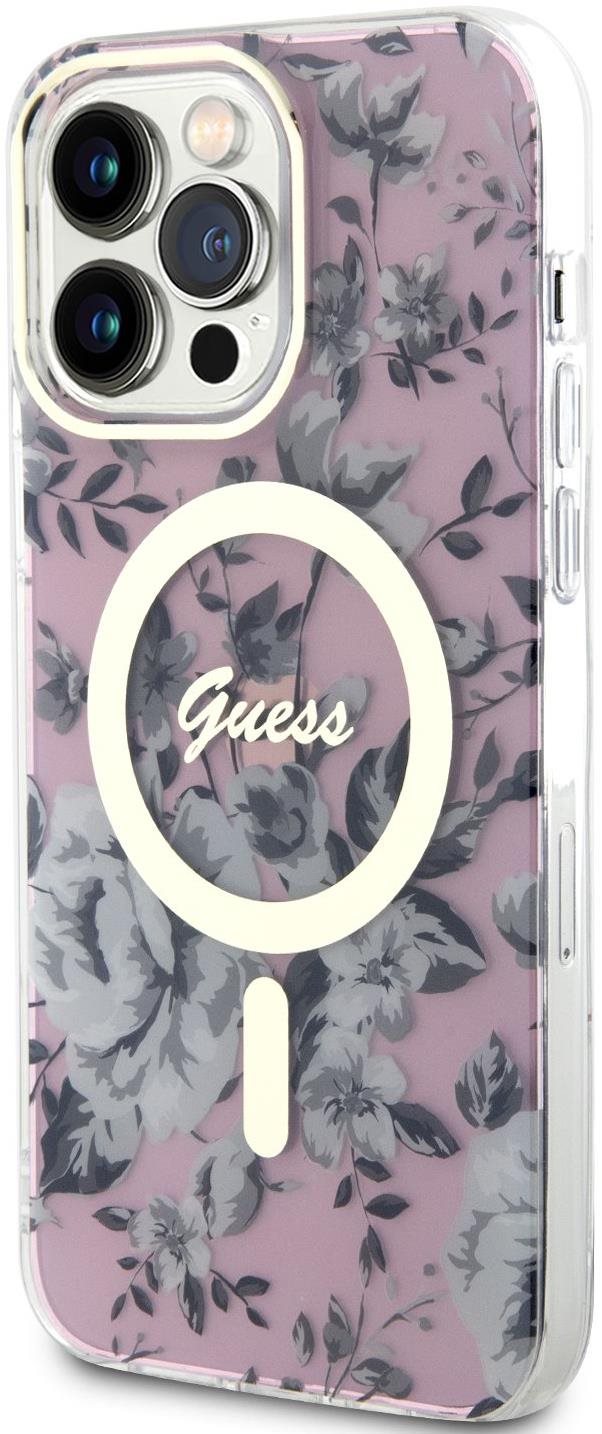 Guess PC/TPU Flowers IML MagSafe kompatibilis iPhone 14 Pro Max hátlap tok, rózsaszín