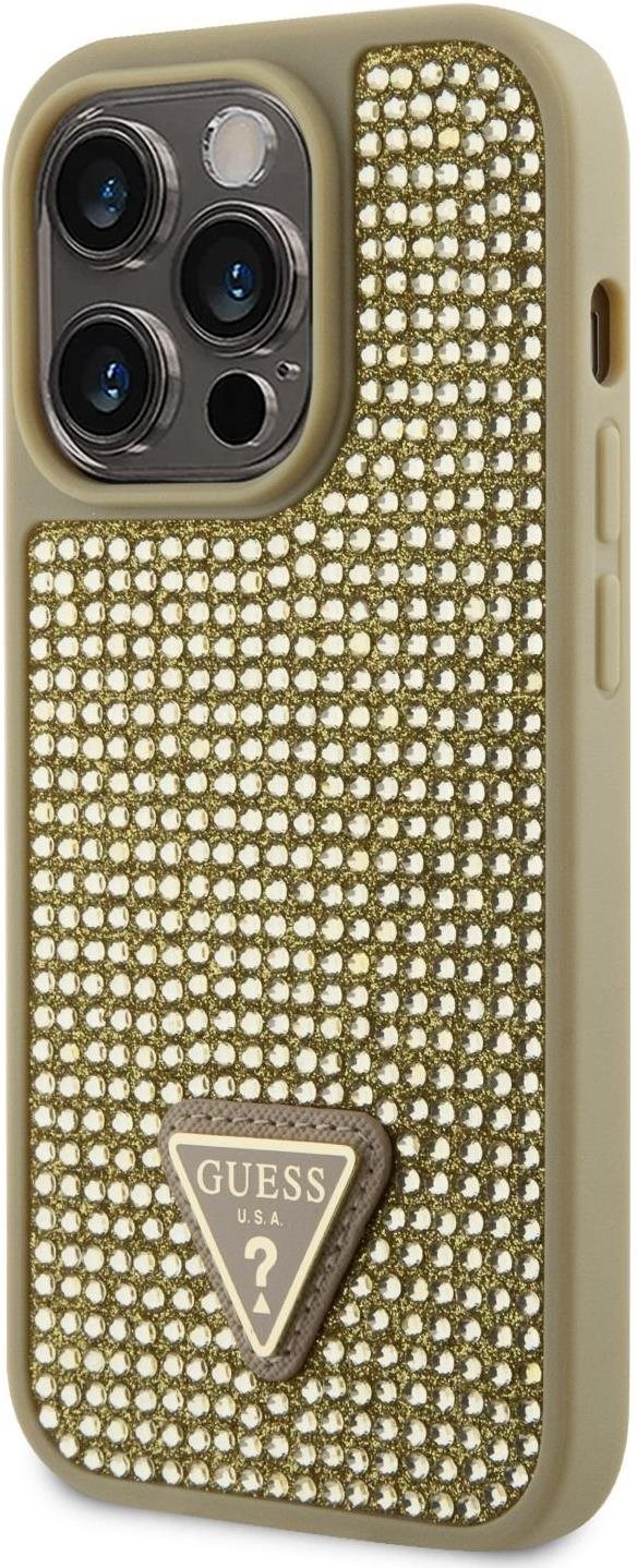 Guess Rhinestones Triangle Metal Logo iPhone 14 Pro aranyszín tok