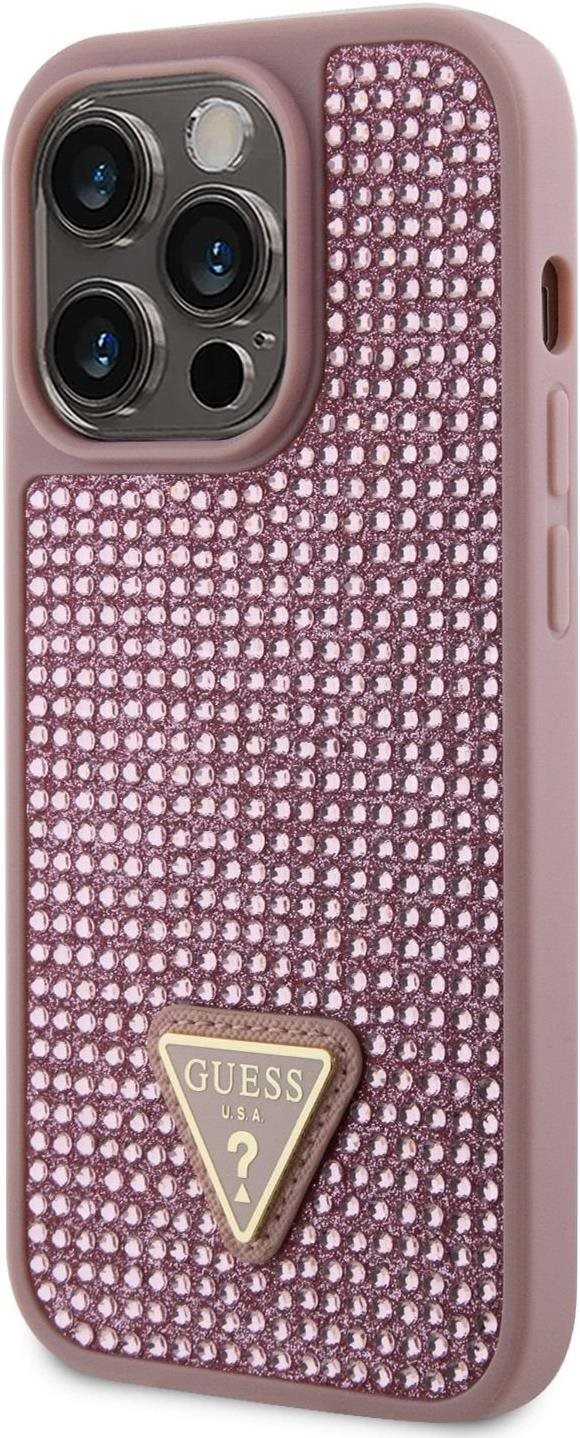 Guess Rhinestones Triangle Metal Logo iPhone 14 Pro rózsaszín tok