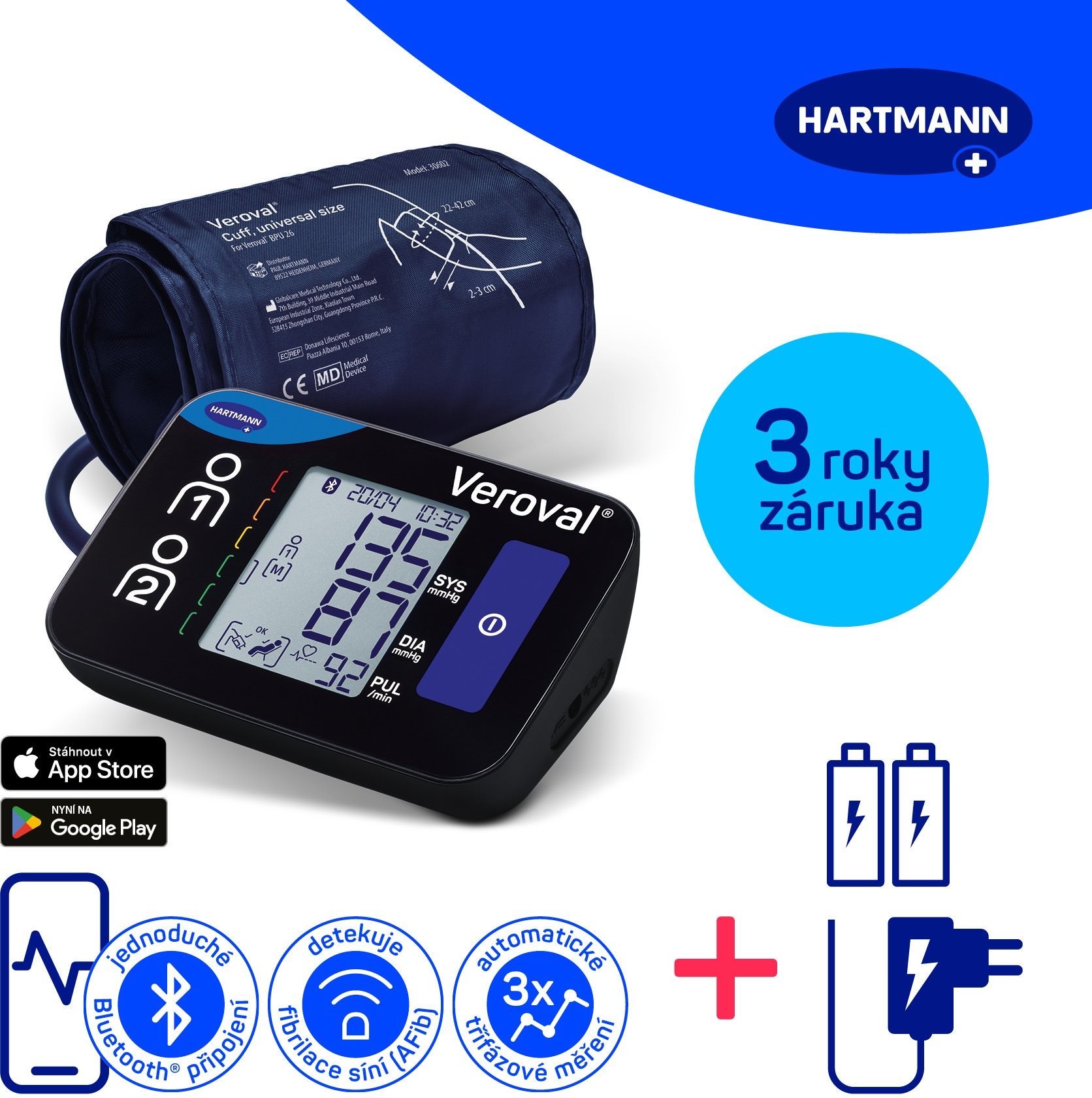 HARTMANN Veroval Compact + Connect, AFIB és Bluetooth csatlakozás + adapter (szett), 3 év garancia