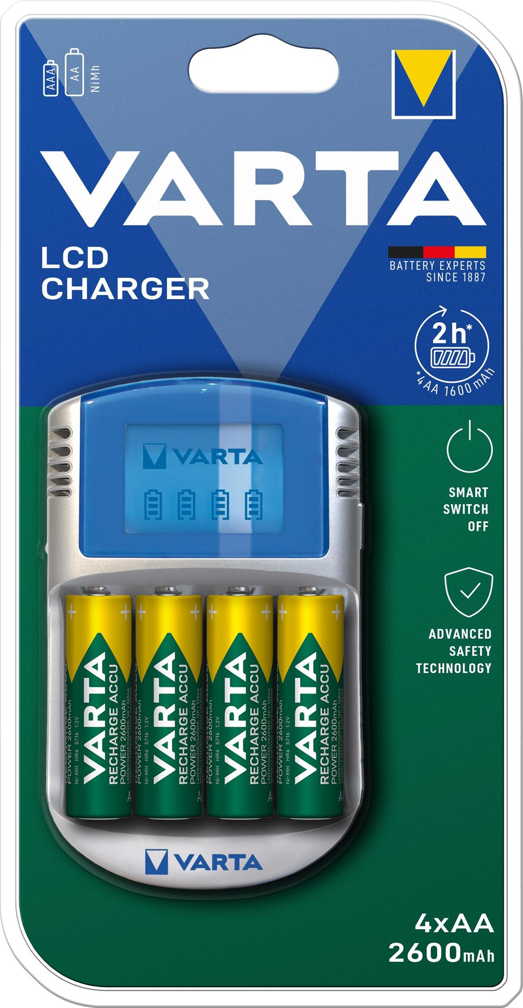 VARTA LCD Charger Töltő + 4 AA 2600 mAh R2U & 12 V & USB