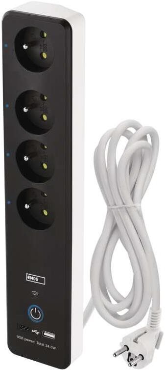 EMOS GoSmart Hosszabbító kábel 2 m, 4 aljzat, kapcsolóval, PVC, USB-vel és wifivel