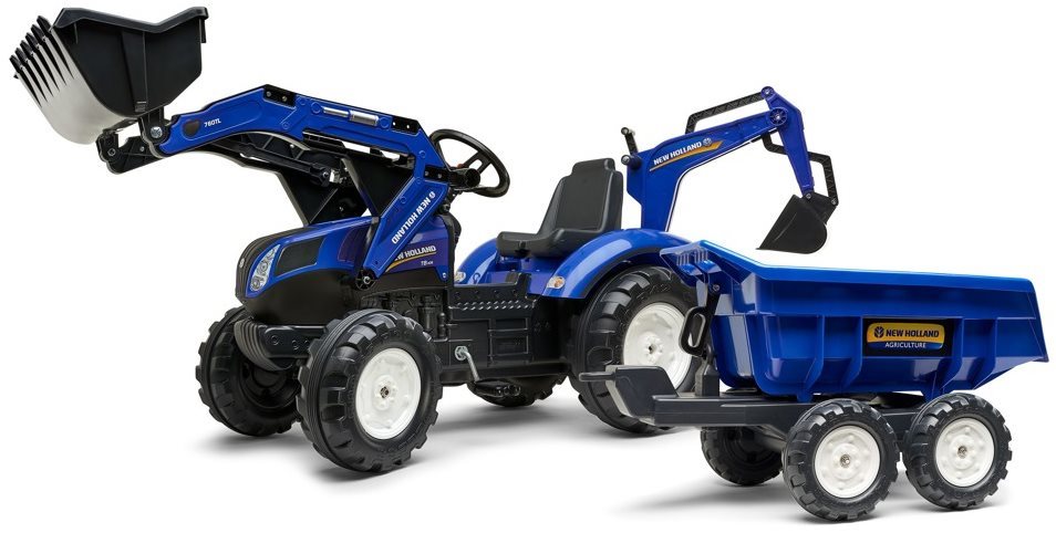 New Holland T kék pedálos traktor első és hátsó lapáttal