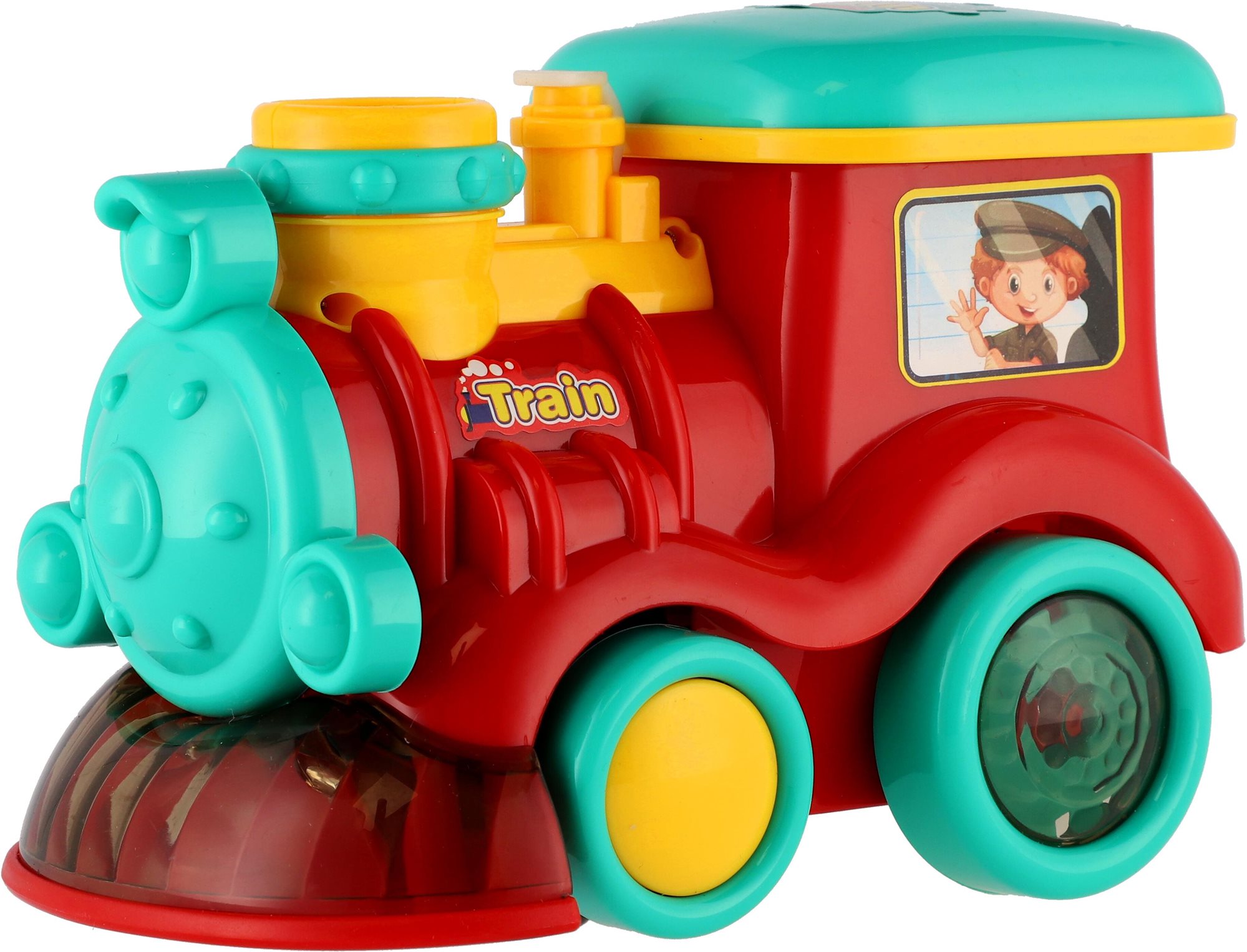 Mozdony/Vonat buborékfújóval műanyag, 18 cm, elemes, hanggal és fénnyel, dobozban 19x13x11 cm