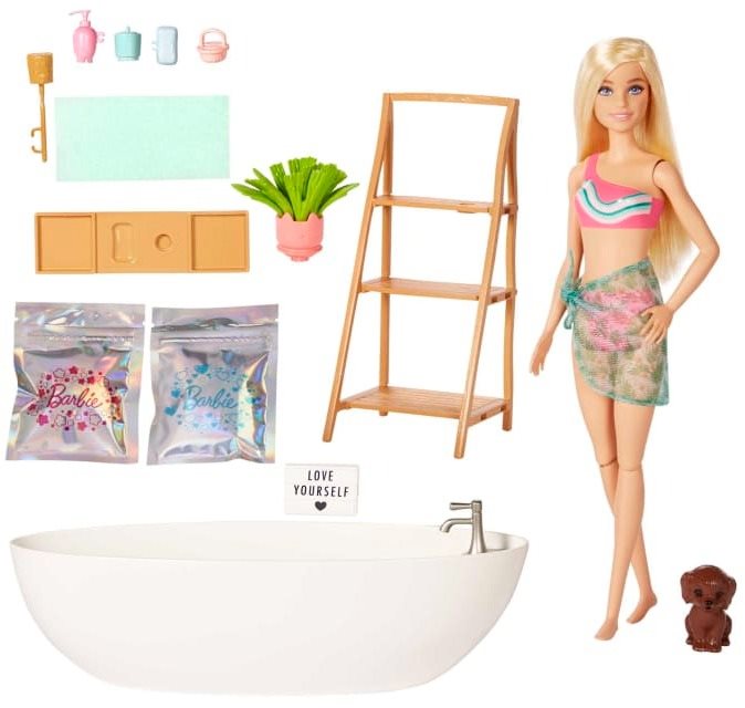 Barbie -Relaxálás fürdőszett konfetivel, szőke baba