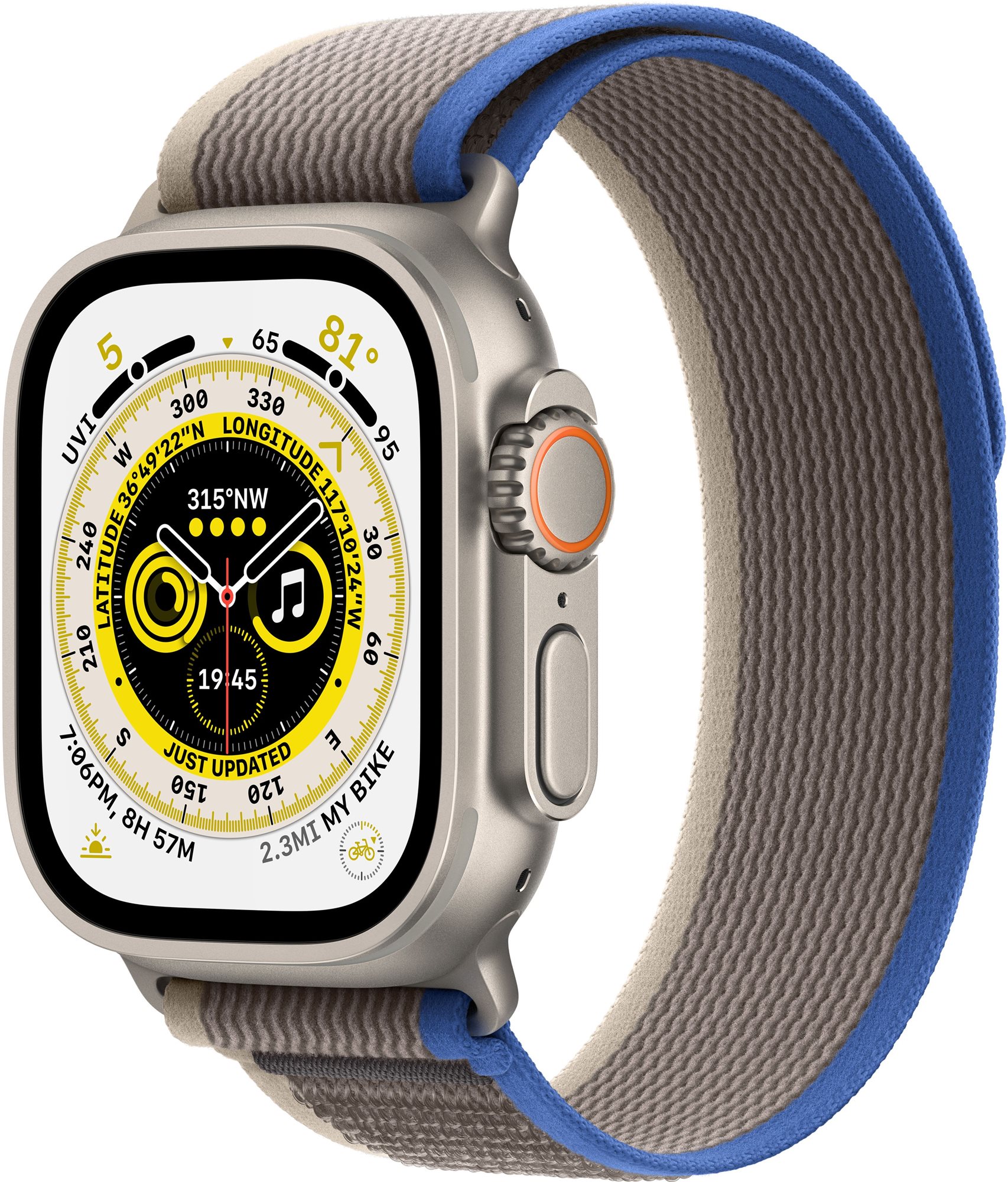 Apple Watch Ultra 49mm - titán tok, kék - szürke terep szíj, M / L