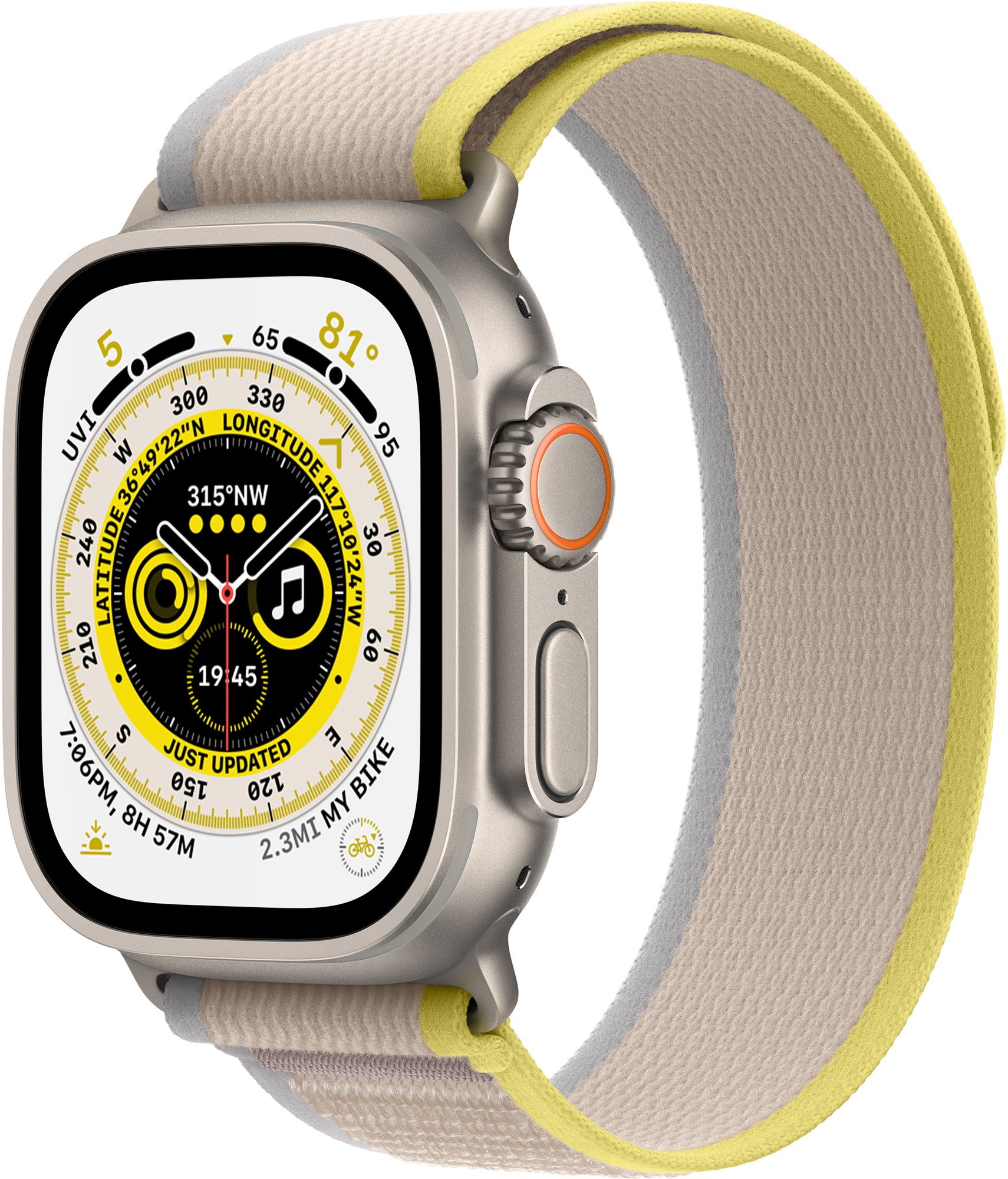Apple Watch Ultra 49mm - titán tok, sárga - bézs terep szíj, S / M