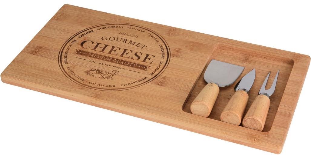 Koopman vágódeszka sajthoz, 4 darabos készlet, bambusz (vágódeszka 38 x 18,5 x 1,5 cm, 2 db kés, 1 db villa)