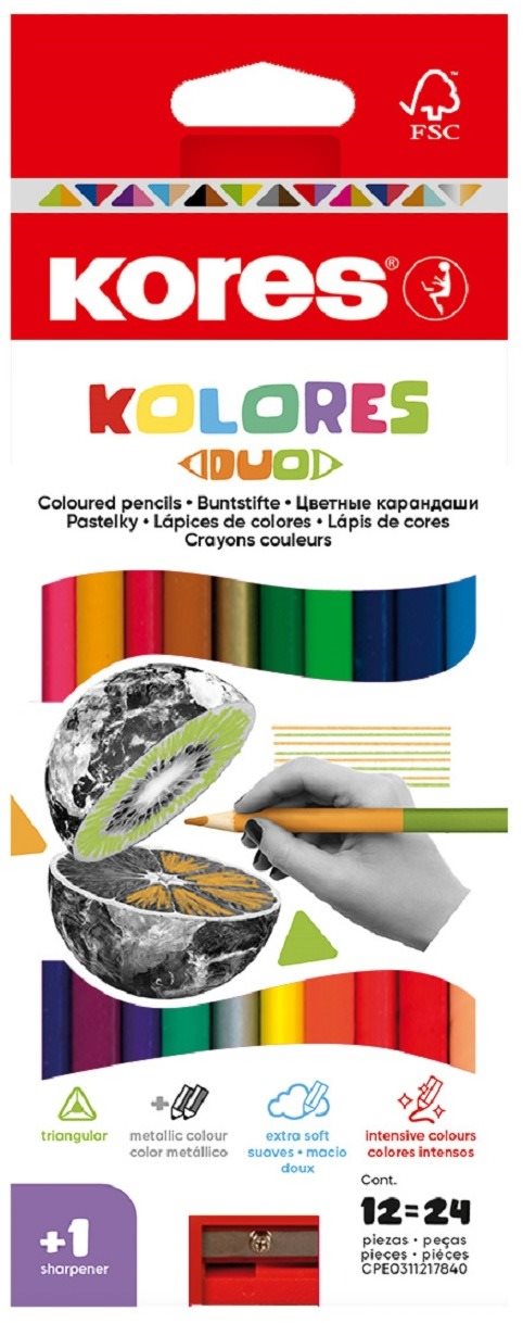 Színes ceruza KORES KOLORES DUO háromszögletű, kétoldalú, 12 db (24 szín)