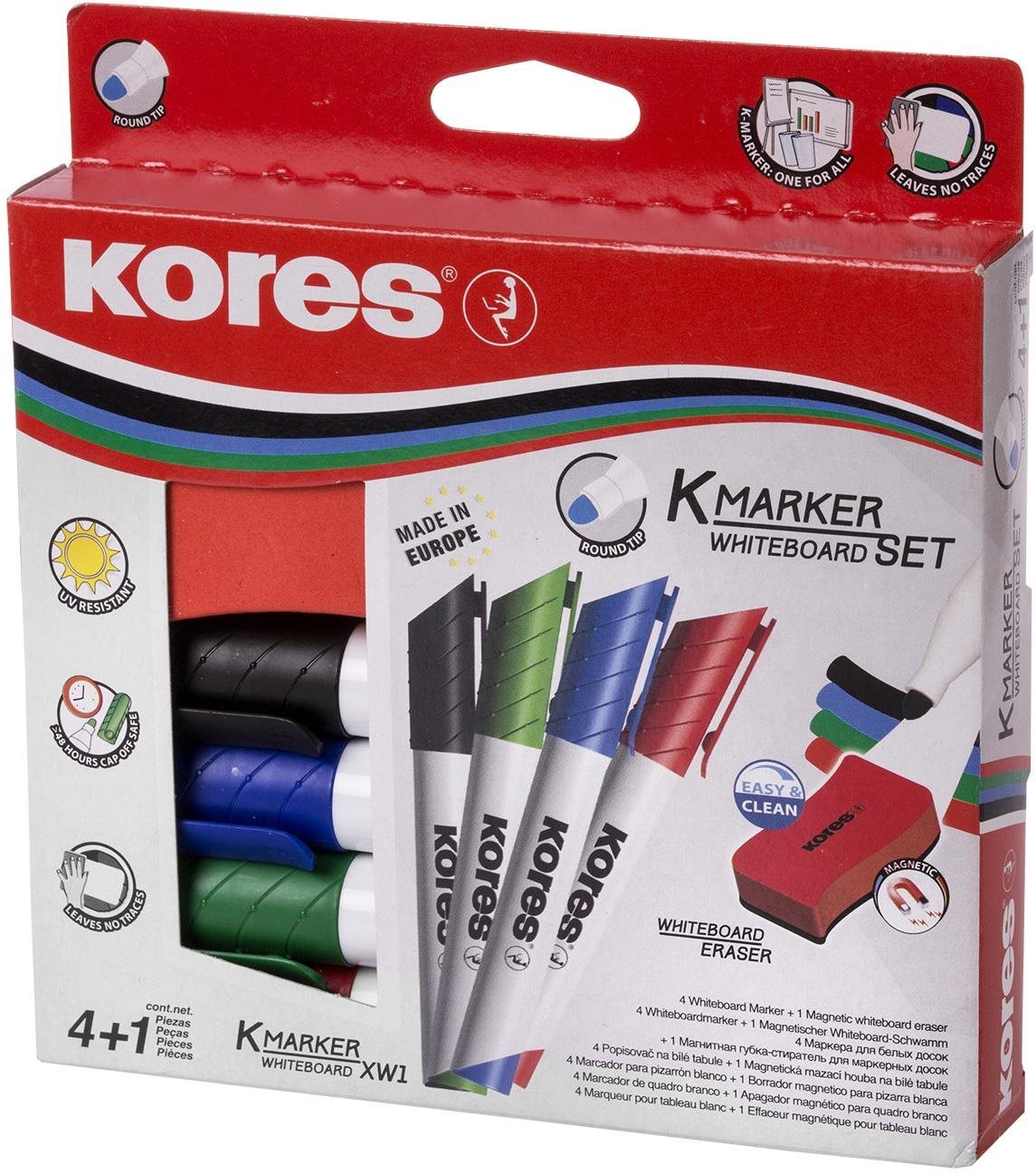 KORES K-MARKER SET 4 szín, fehér táblához és flipchart táblához + mágneses szivacs
