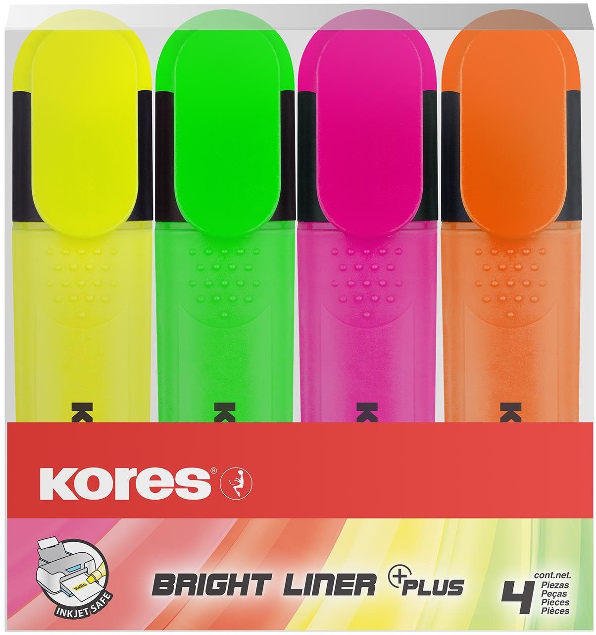 KORES BRIGHT LINER PLUS 4 színből álló szett (sárga, rózsaszín, narancsszín, zöld)