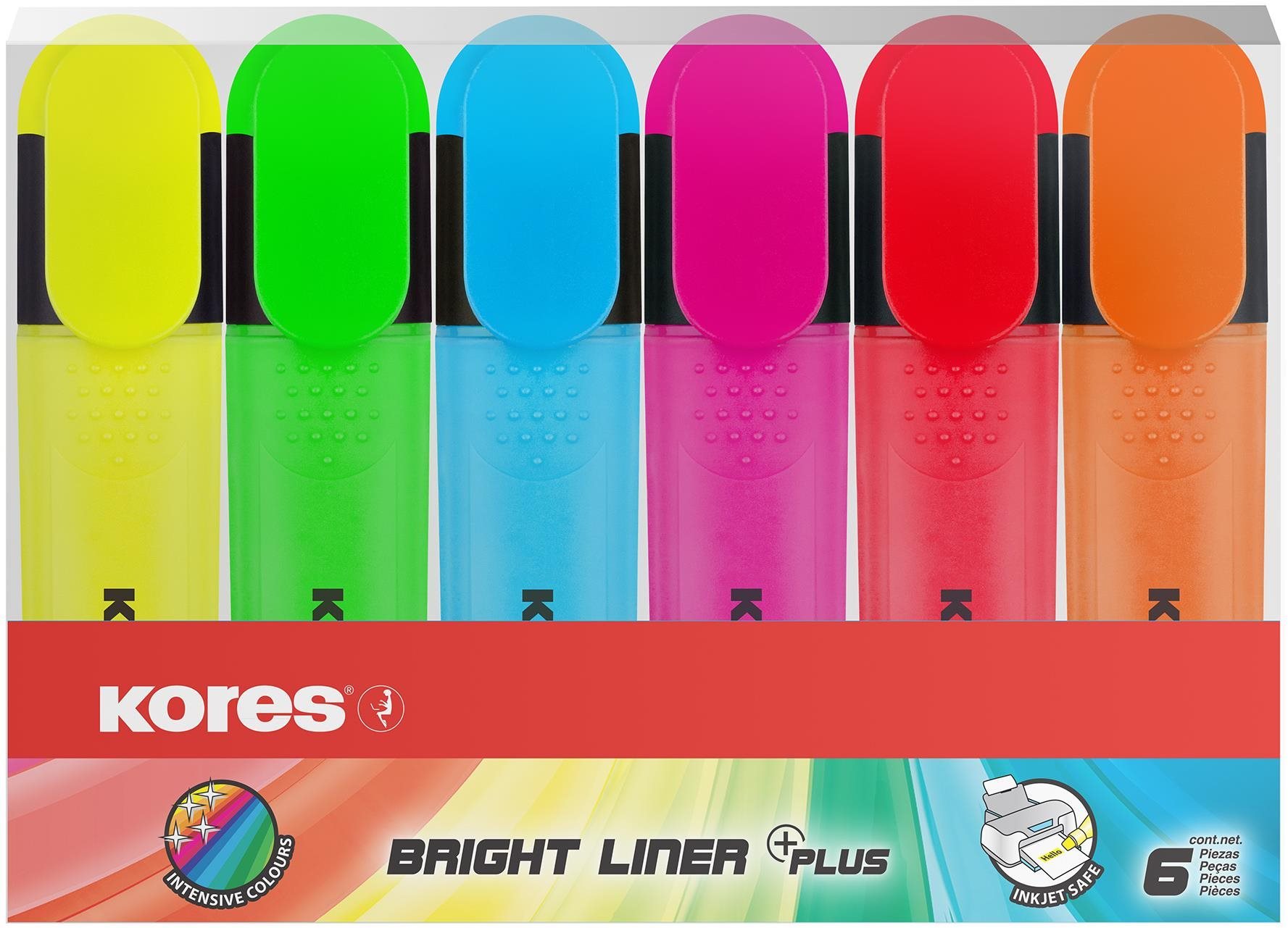 KORES BRIGHT LINER PLUS 6 színből álló szett (sárga, zöld, rózsaszín, narancsszín, kék, piros)