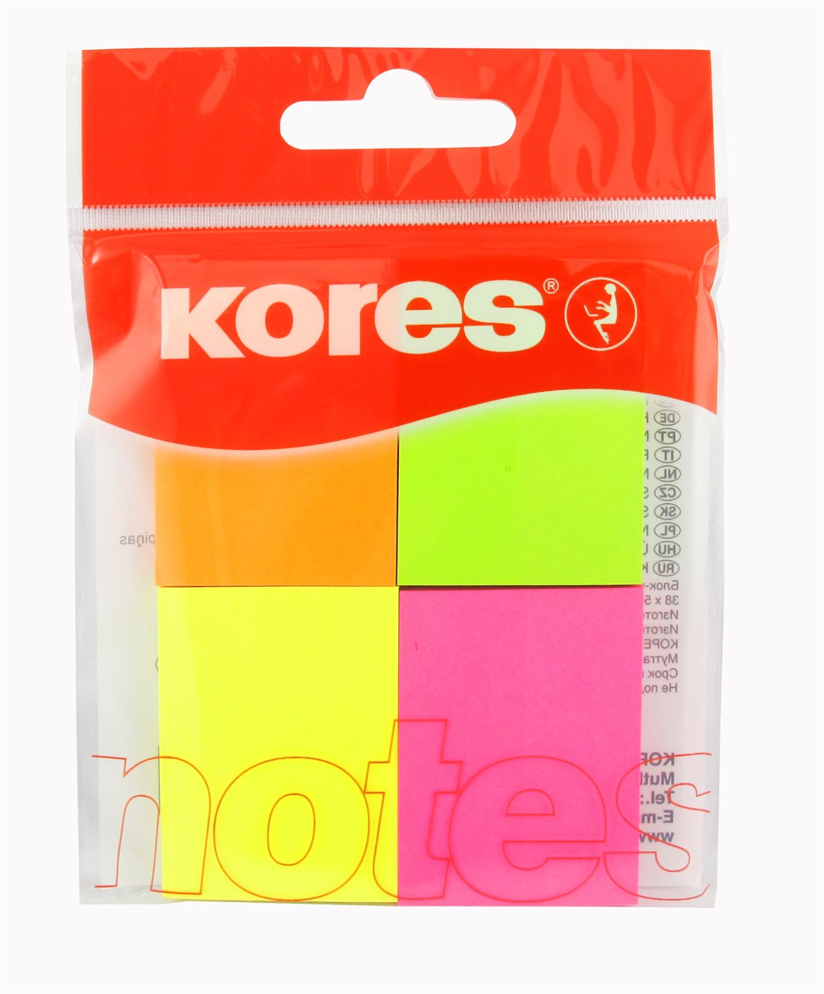 Öntapadós jegyzettömb KORES Multicolour 40 x 50 mm, 4 x 50 lap, többféle neon szín