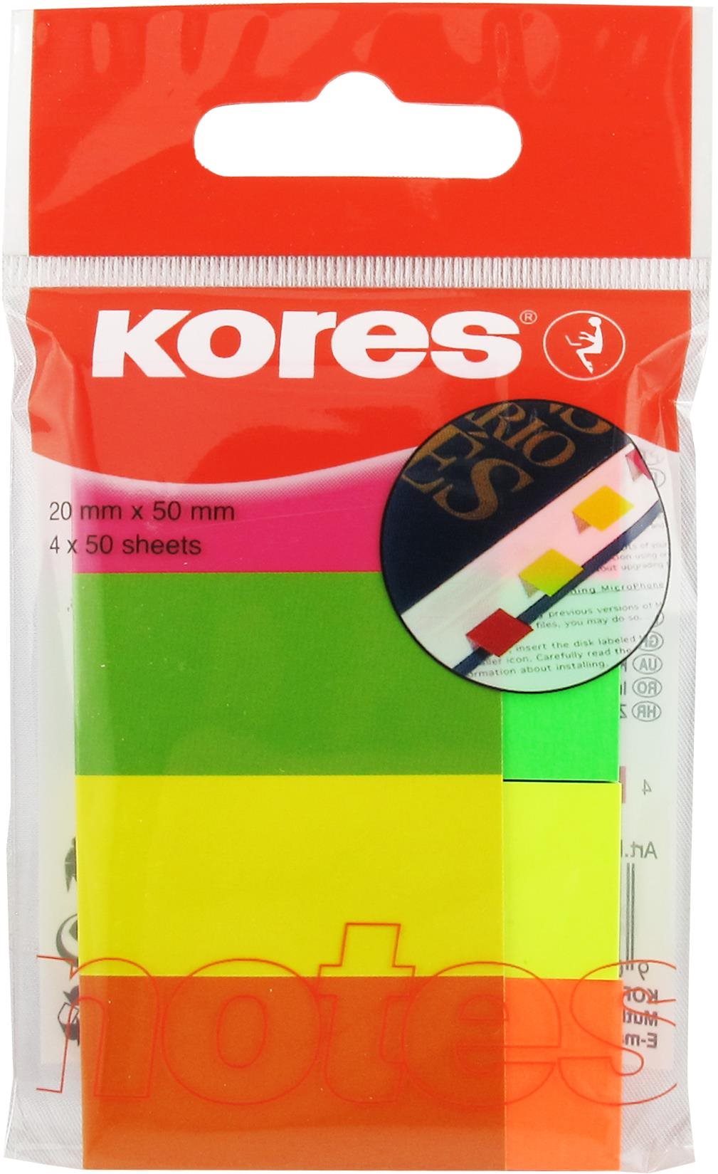 Öntapadós jegyzettömb KORES papír könyvjelzők 20 x 50 mm, 4 x 50 lap, többféle neon szín