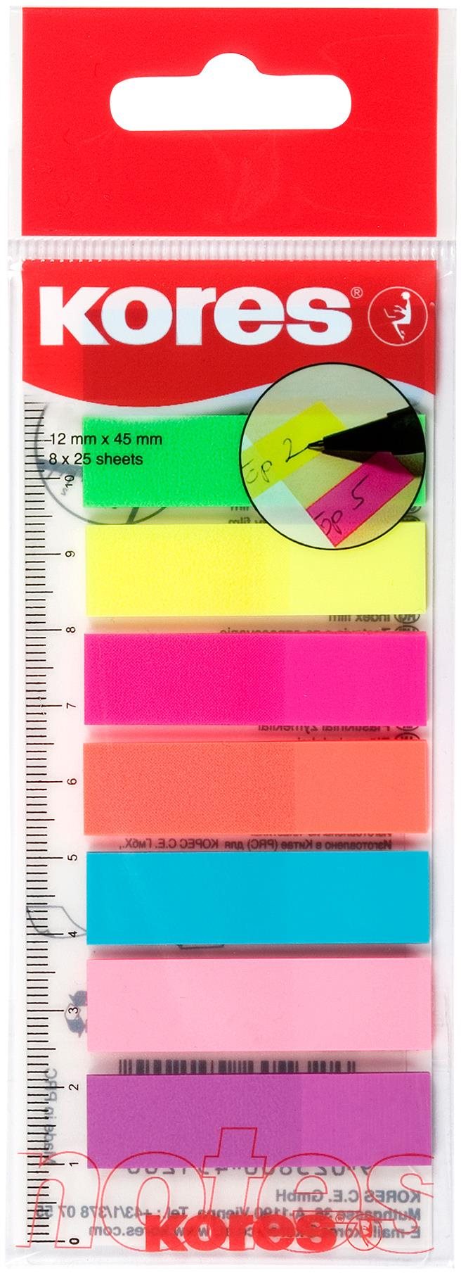 KORES Index Strips vonalzóra 45 x 12 mm, 8 x 25 lap, többféle neon szín