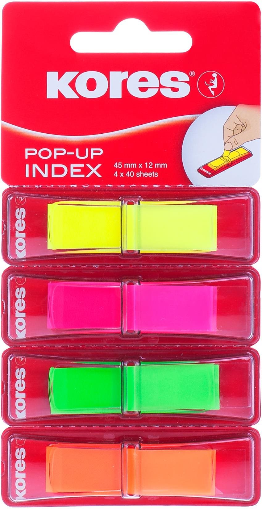 Öntapadós jegyzettömb KORES Pop-up 45 x 12 mm, 4 x 40 lap, többféle neon szín