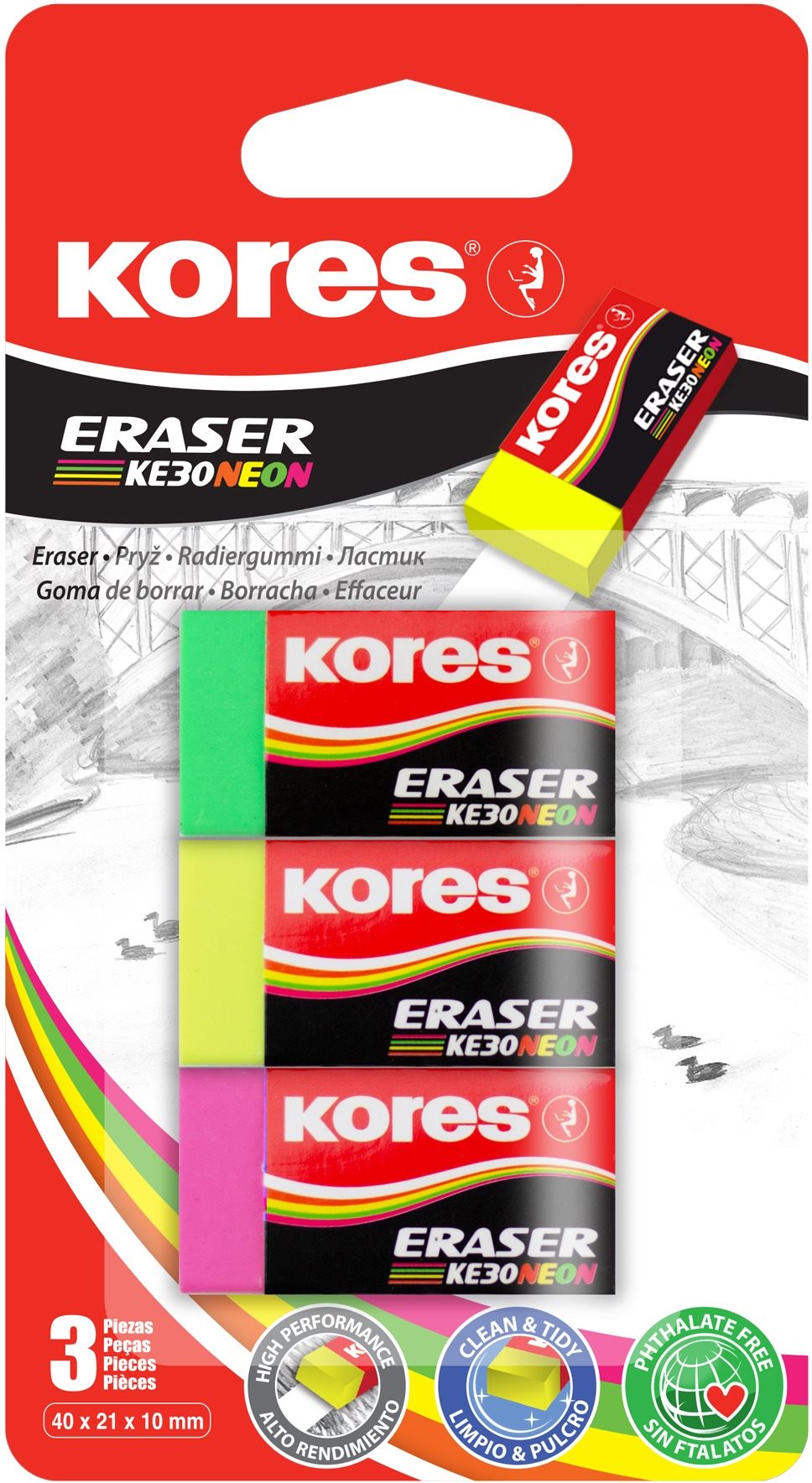 Radír KORES KE30 40 x 21 x 10 mm, neon színek keveréke - 3 db-os csomag