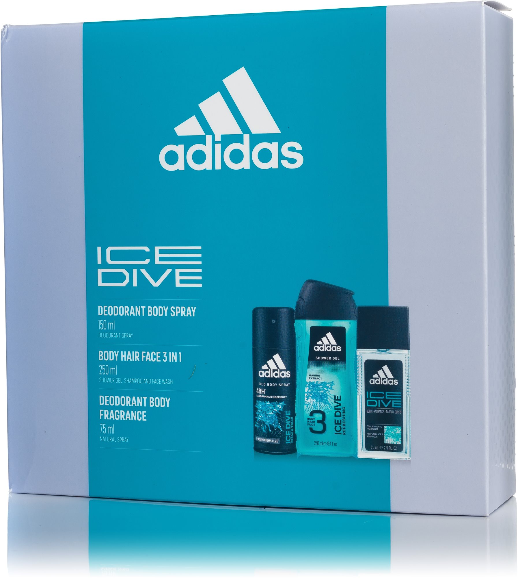 Adidas Ice Dive - dezodor permet 75 ml + tusfürdő 250 ml + dezodor spray 150 ml