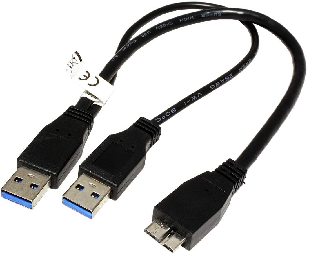 OEM USB SuperSpeed 5Gbps 2x USB 3.0 A(M) to microUSB 3.0 B(M) - 0,3m, fekete, Y kábel